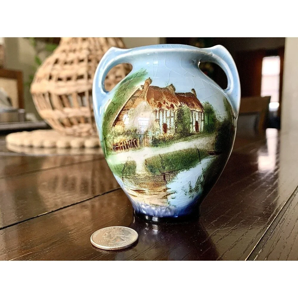 Antique Hand Painted Twin Handled Urn Vase English Cottage Landscape Ceramic 4